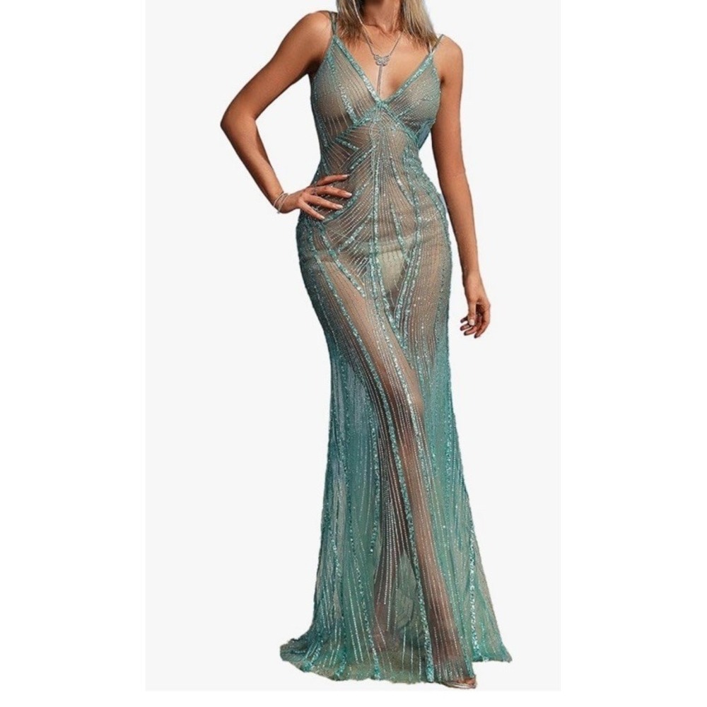#47 BellaBarney Maxi Shining Sheer  Dress Cut Out  Ohio Dress See Thru Size M